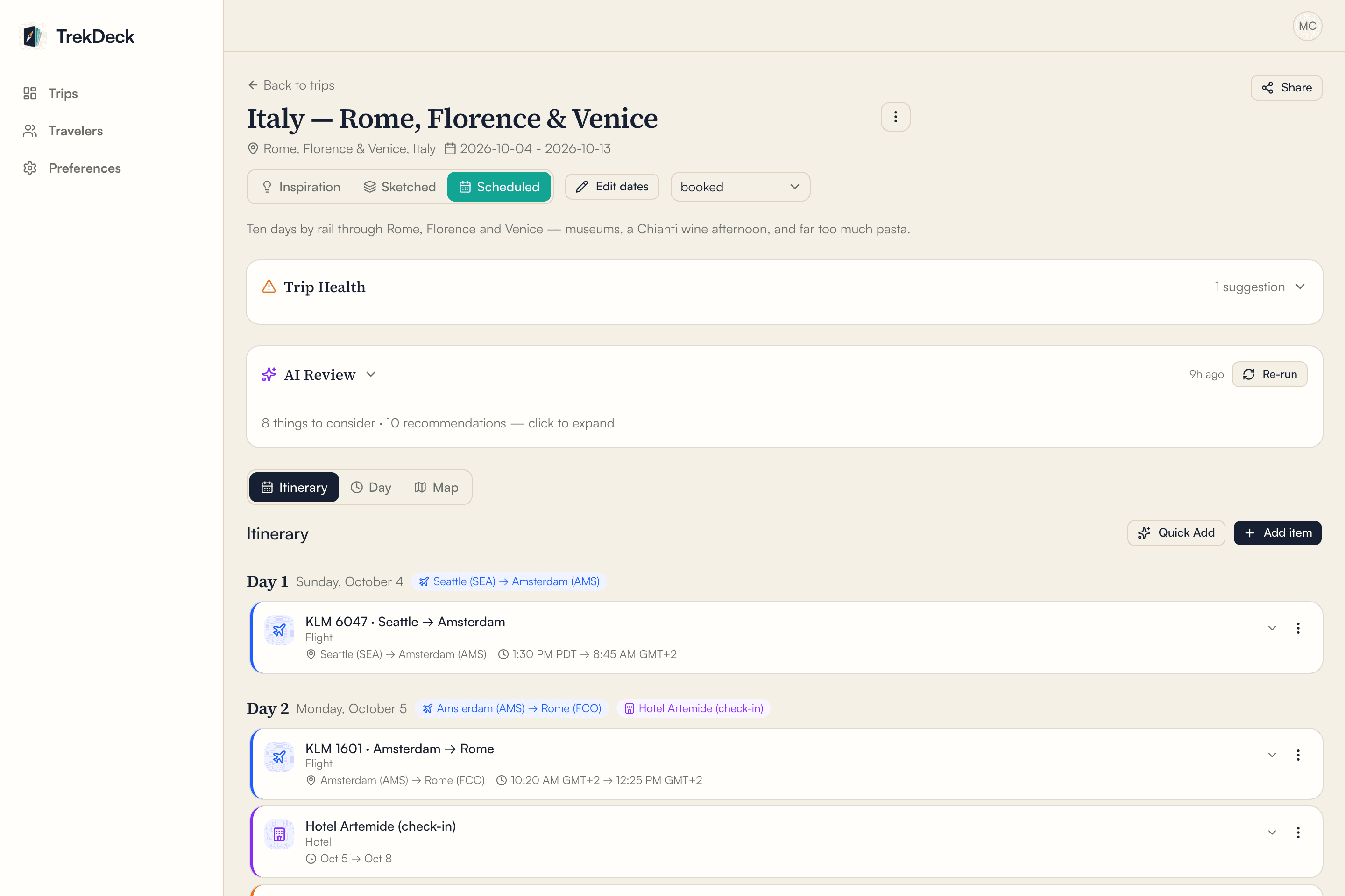 A scheduled TrekDeck itinerary, grouped day by day
